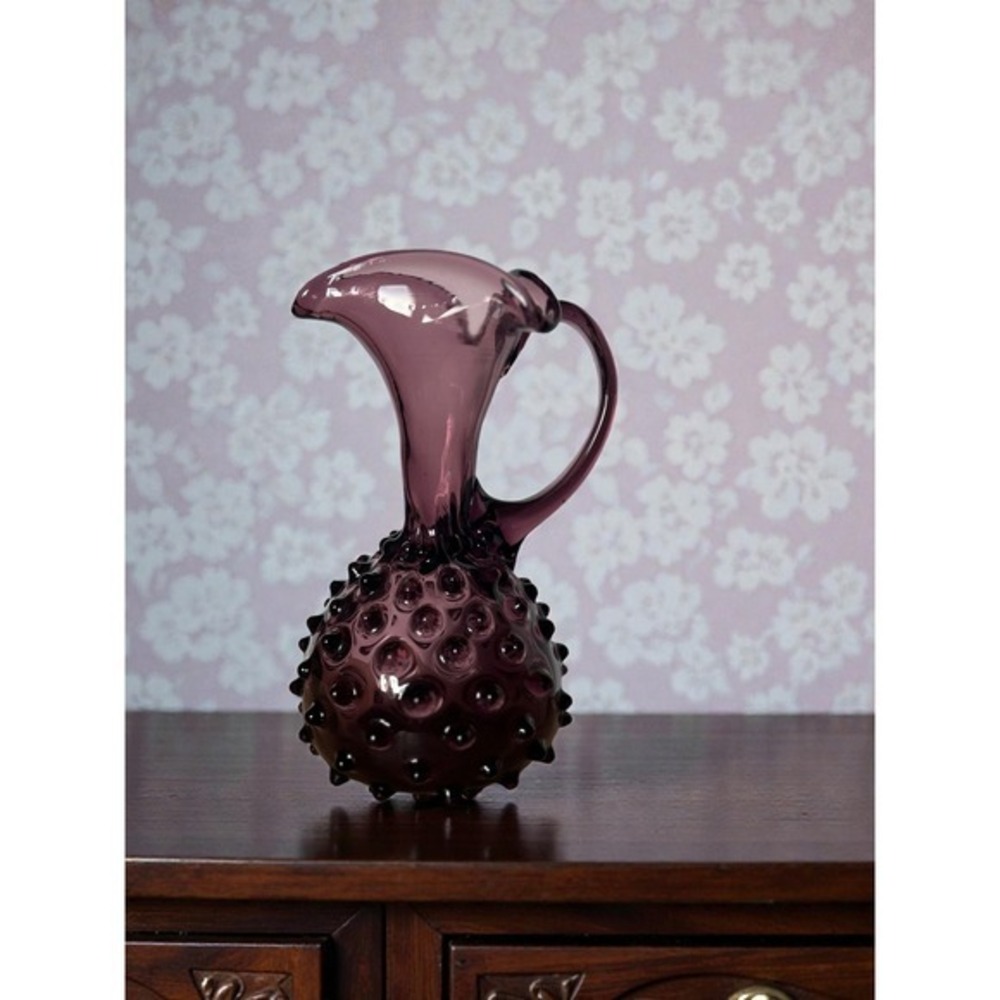 Vintage Amethyst Purple Hobnail Art Glass Pitcher Hand Blown Decorative Cruet